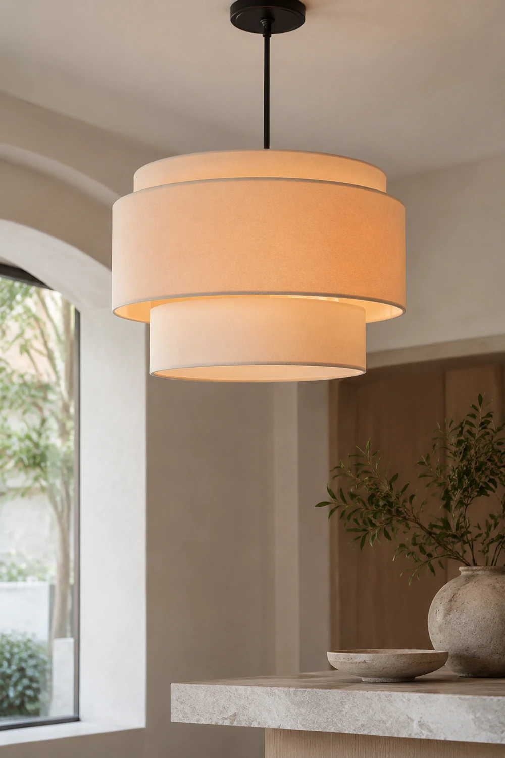 Beige Tiered Linen Drum Pendant Light - Lumpaz