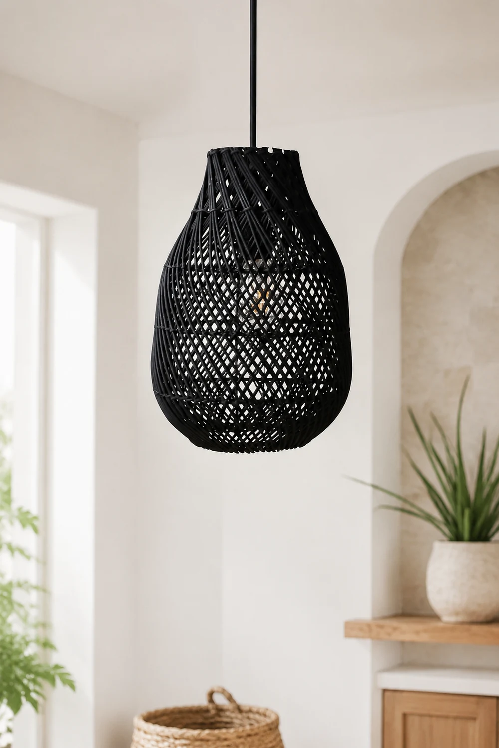 Classic Farmhouse Black Rattan Handwoven Pendant Light - Lumpaz