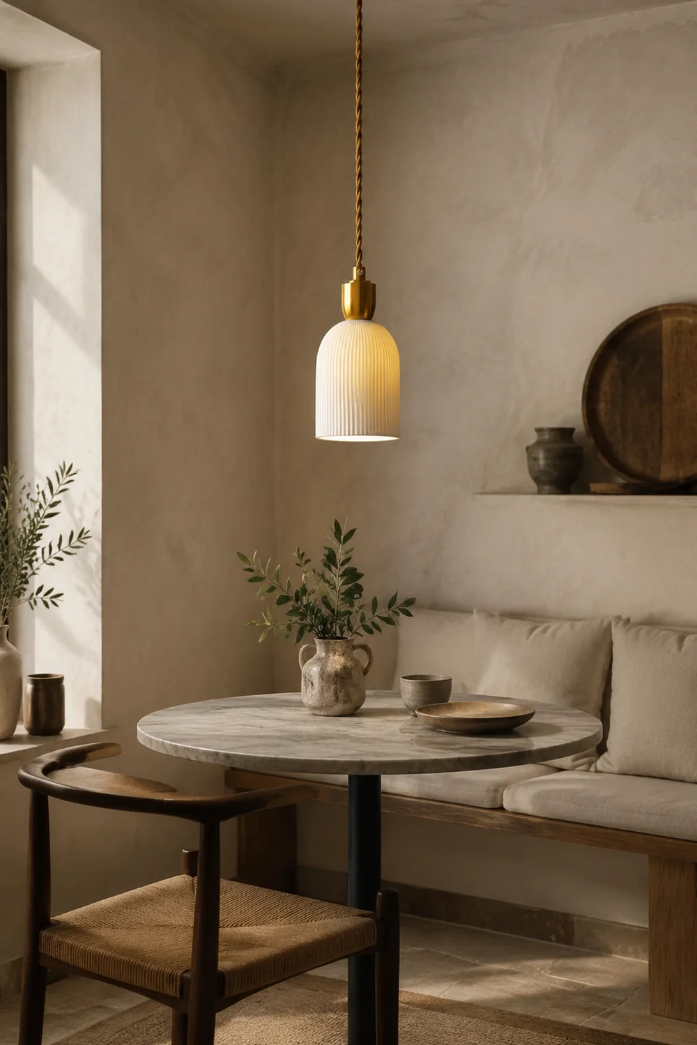 Retro Pleated Ceramic Brass Cocoon Pendant Lamp - Lumpaz