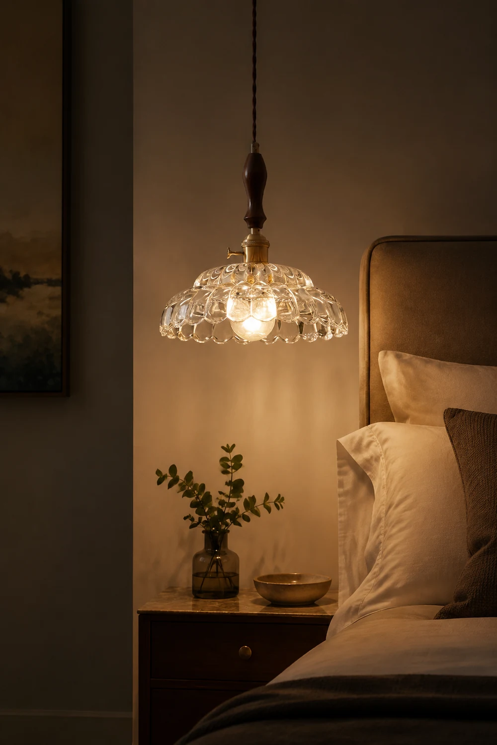 Contemporary Copper Glass Pendant Light with Wooden Handle - Lumpaz