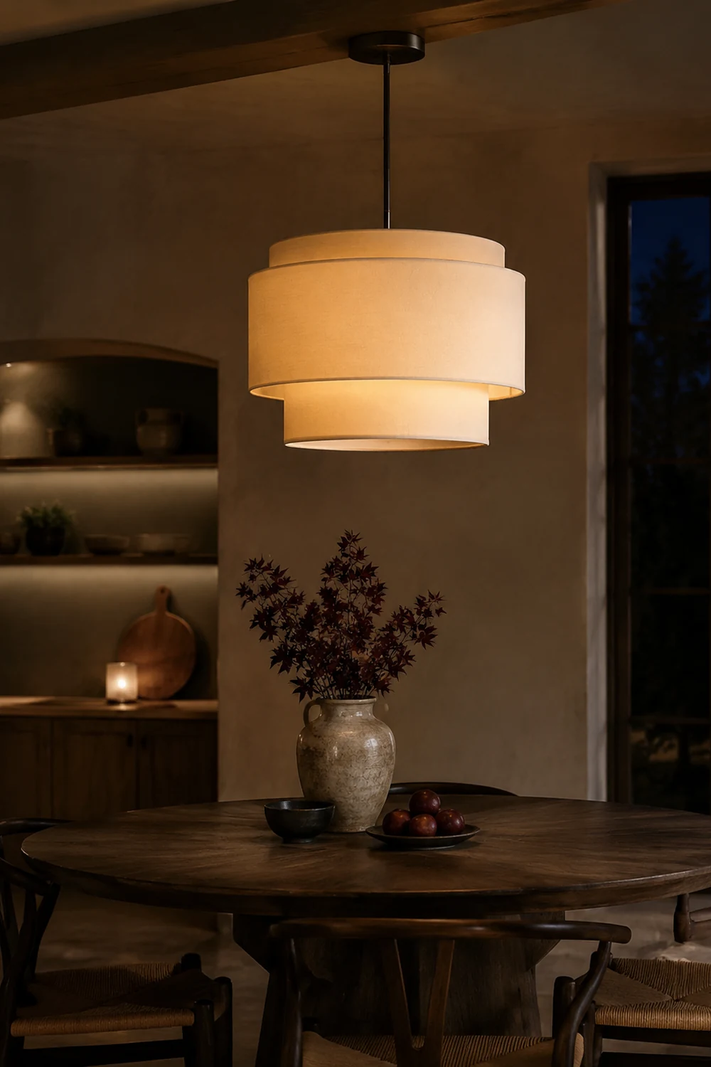Beige Tiered Linen Drum Pendant Light - Lumpaz