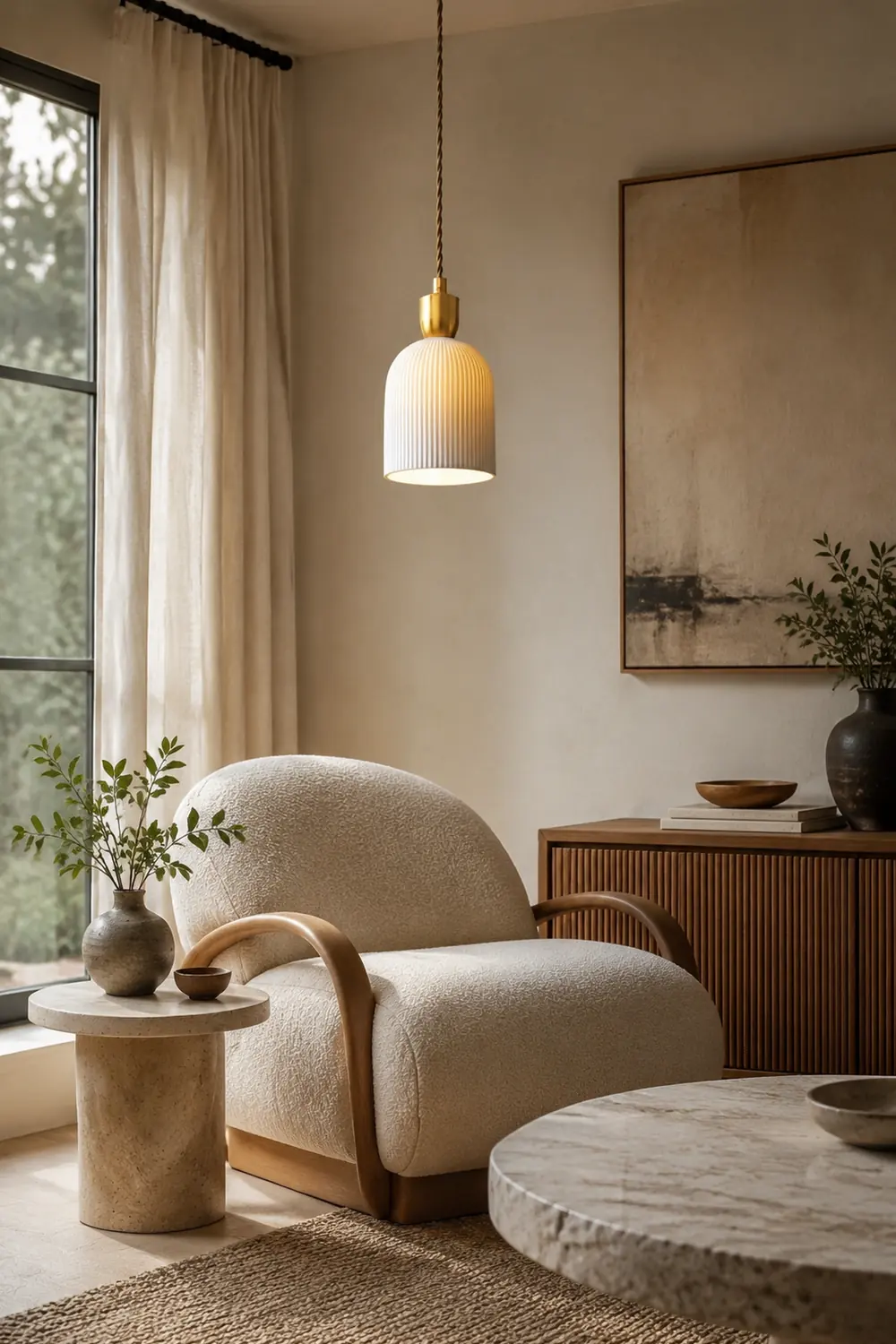 Retro Pleated Ceramic Brass Cocoon Pendant Lamp - Lumpaz