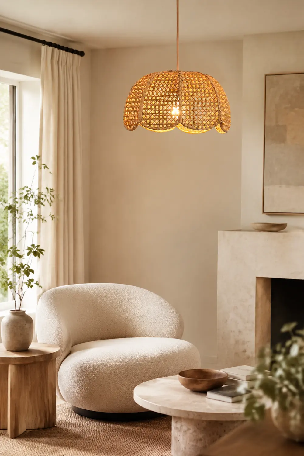 Short Round Rattan Natural Woven Lampshade Pendant Light - Lumpaz