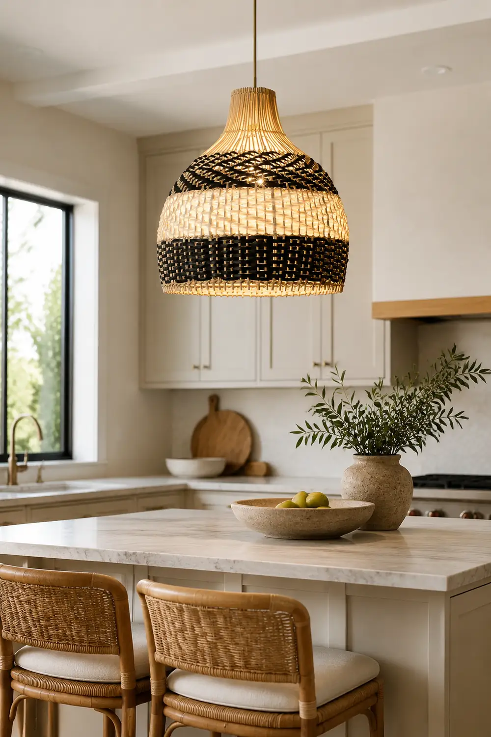Vintage Rattan Handwoven White and Black Pendant Light - Lumpaz
