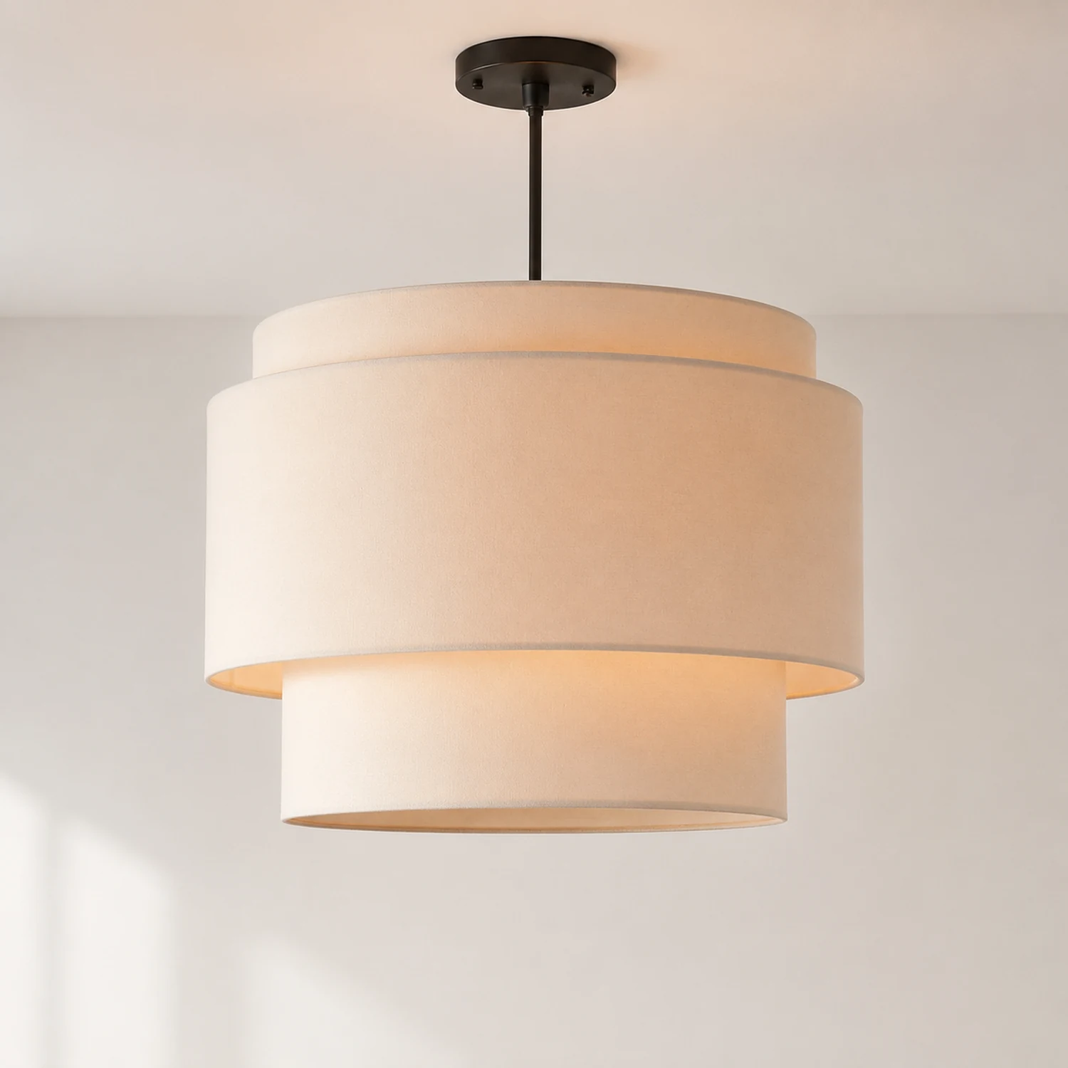 Beige Tiered Linen Drum Pendant Light - Lumpaz