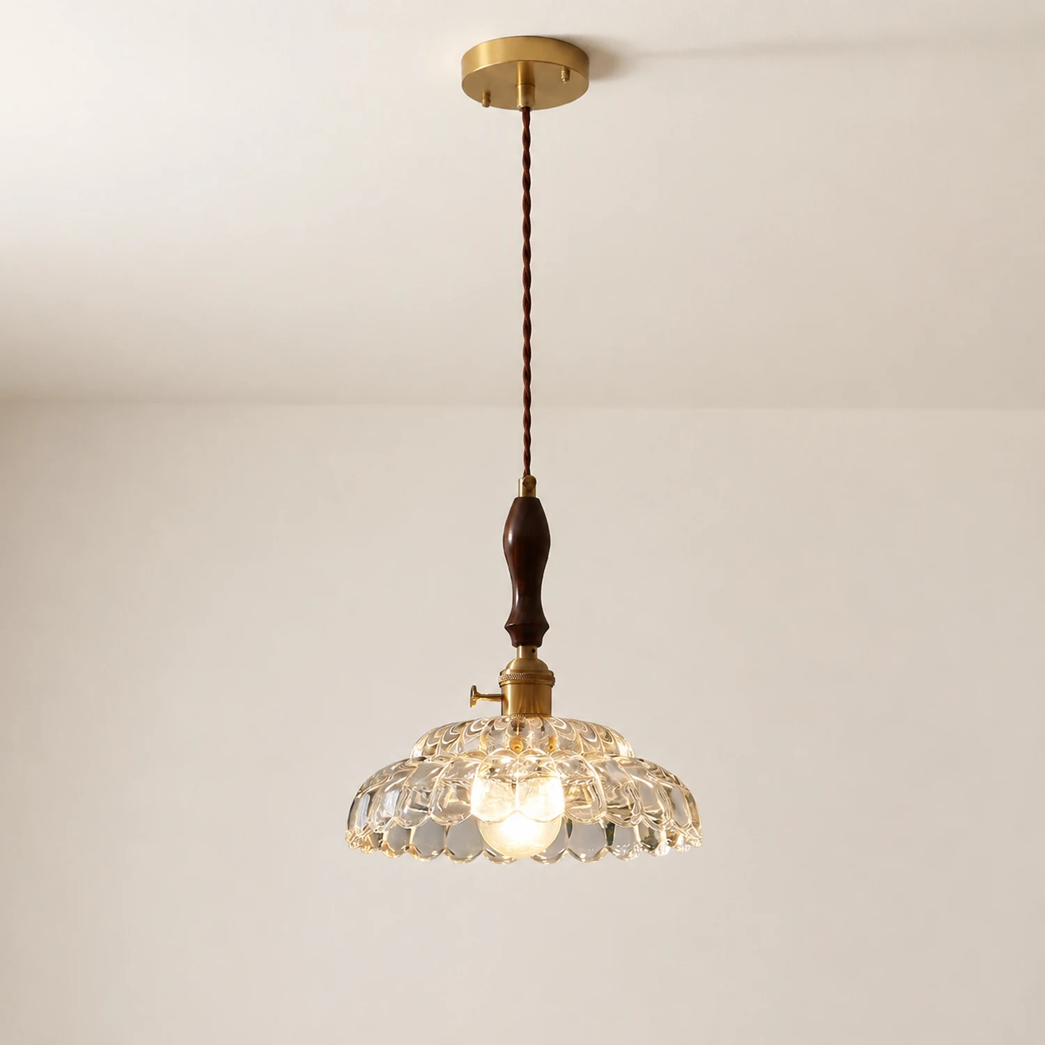 Contemporary Copper Glass Pendant Light with Wooden Handle - Lumpaz