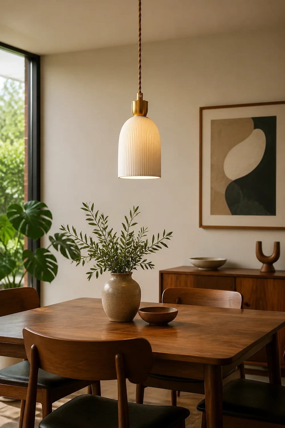 Retro Pleated Ceramic Brass Cocoon Pendant Lamp - Lumpaz