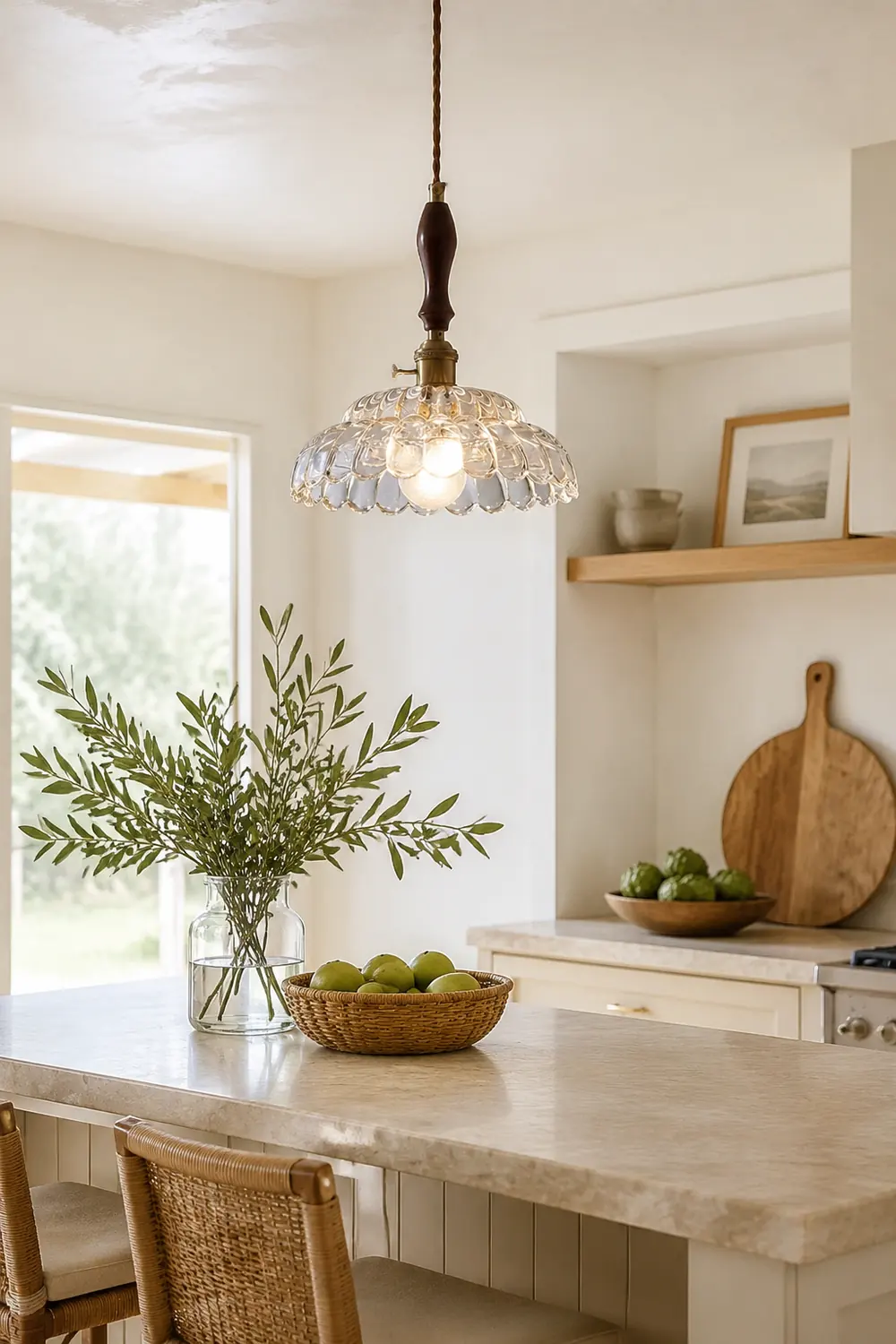 Contemporary Copper Glass Pendant Light with Wooden Handle - Lumpaz