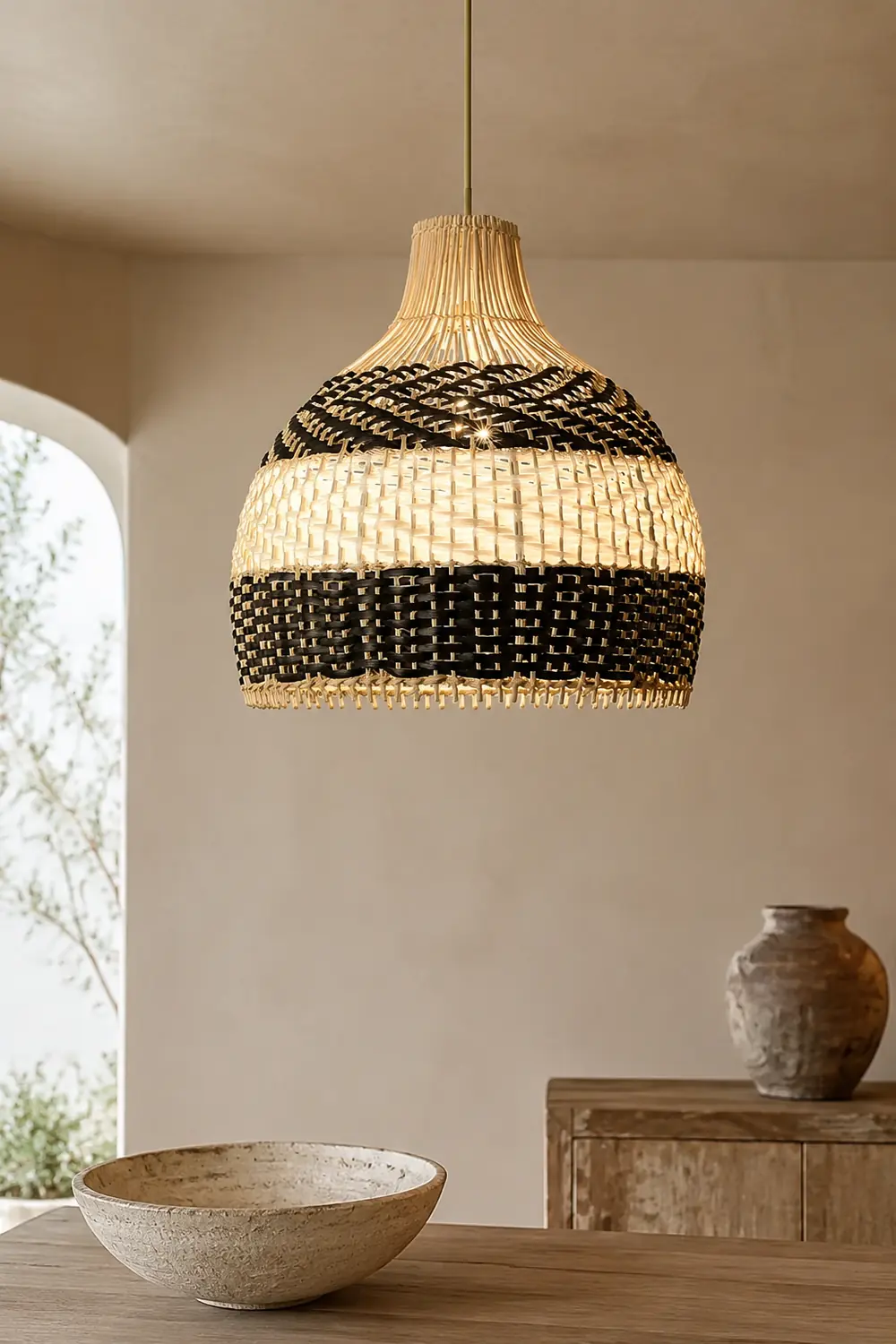 Vintage Rattan Handwoven White and Black Pendant Light - Lumpaz