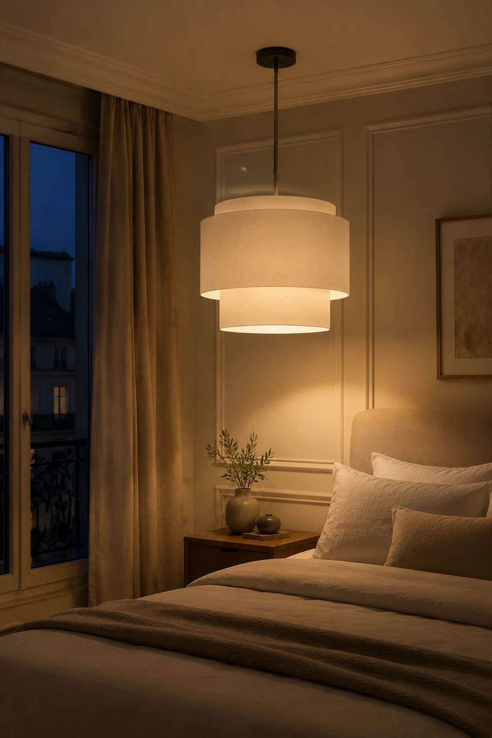Beige Tiered Linen Drum Pendant Light - Lumpaz