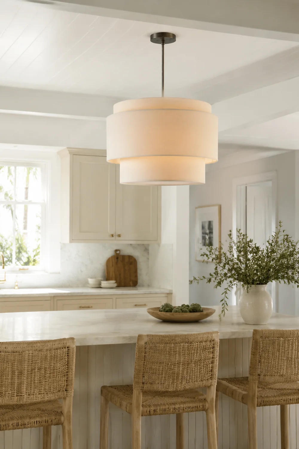 Beige Tiered Linen Drum Pendant Light - Lumpaz