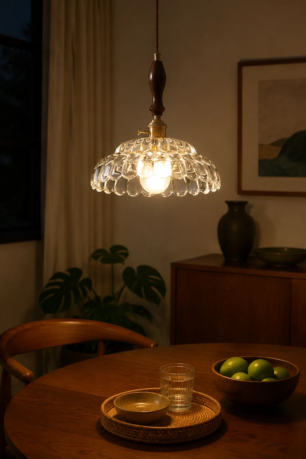 Contemporary Copper Glass Pendant Light with Wooden Handle - Lumpaz