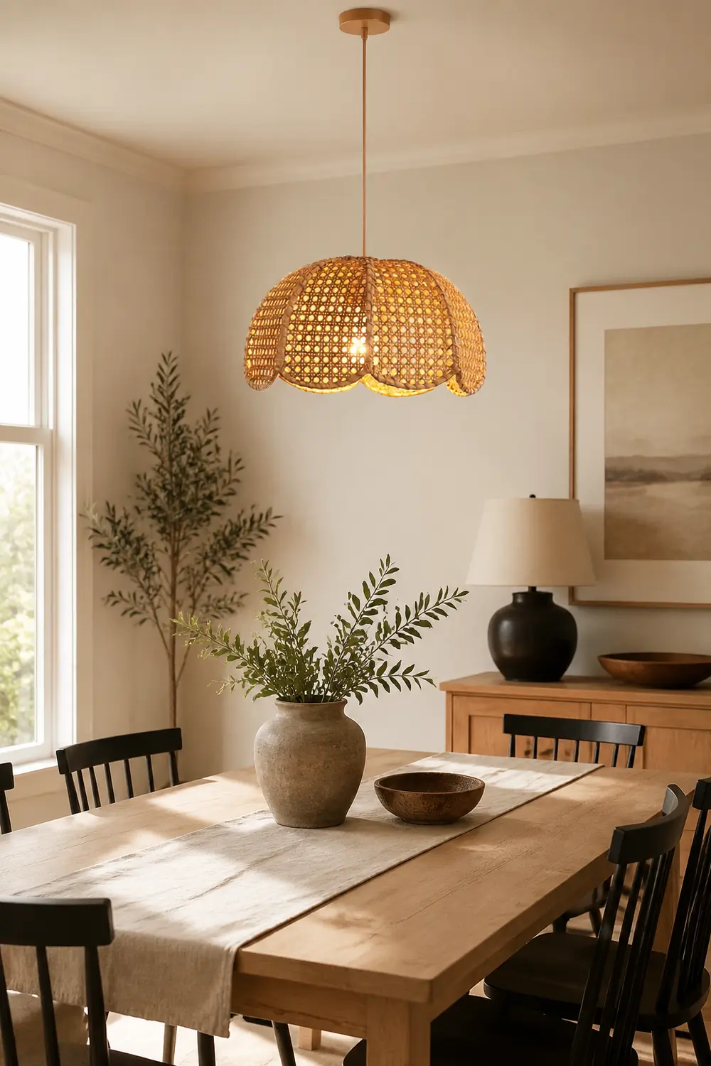 Short Round Rattan Natural Woven Lampshade Pendant Light - Lumpaz