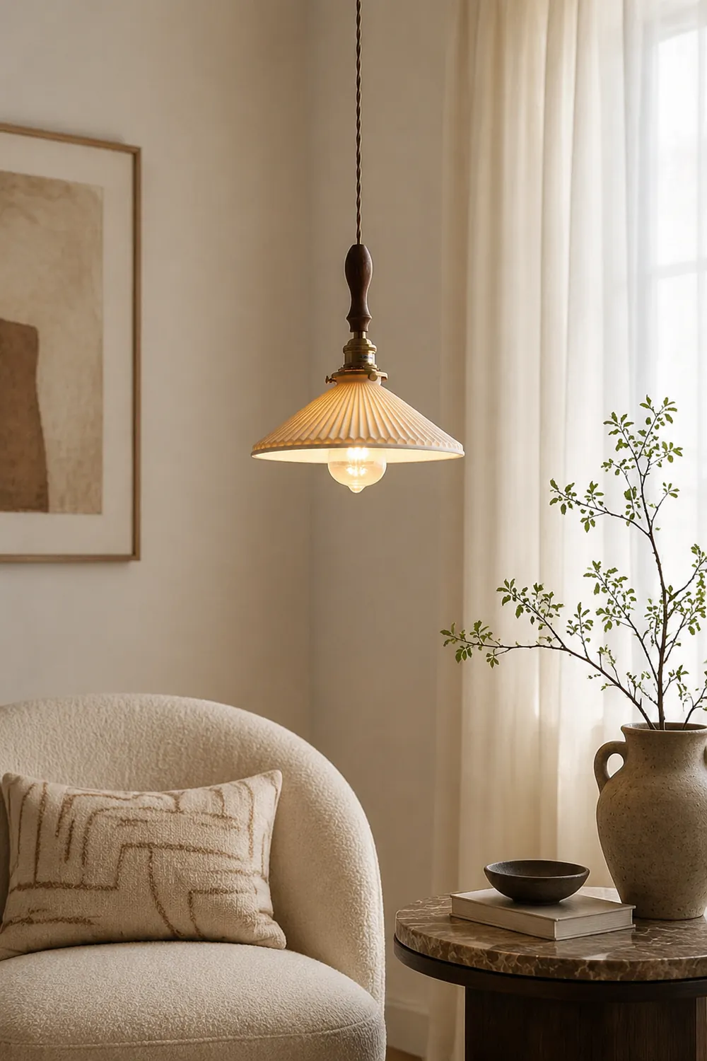 Modern Ceramics Retro Pleated Pendant Light For Living Room - Lumpaz