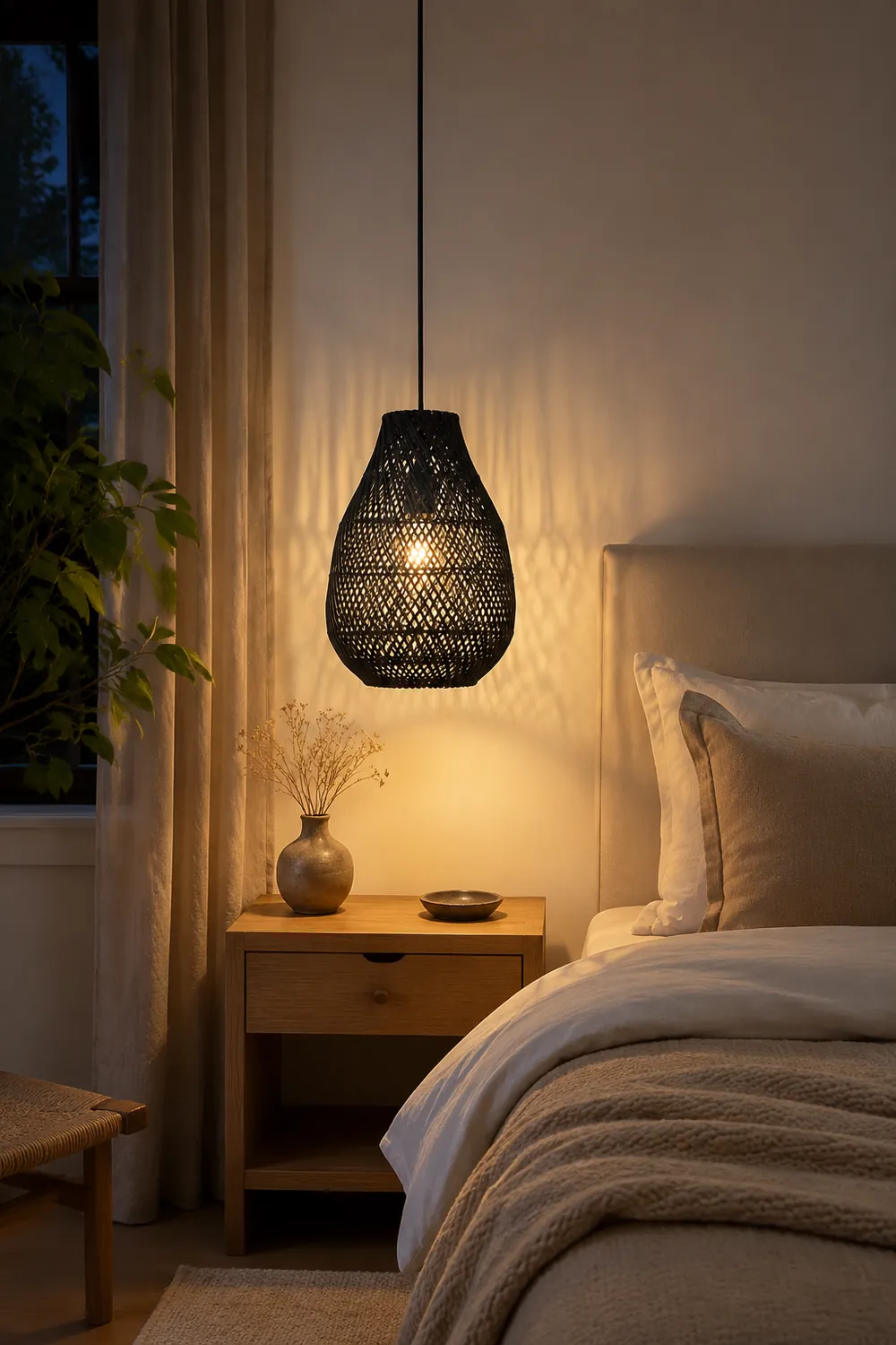 Classic Farmhouse Black Rattan Handwoven Pendant Light - Lumpaz