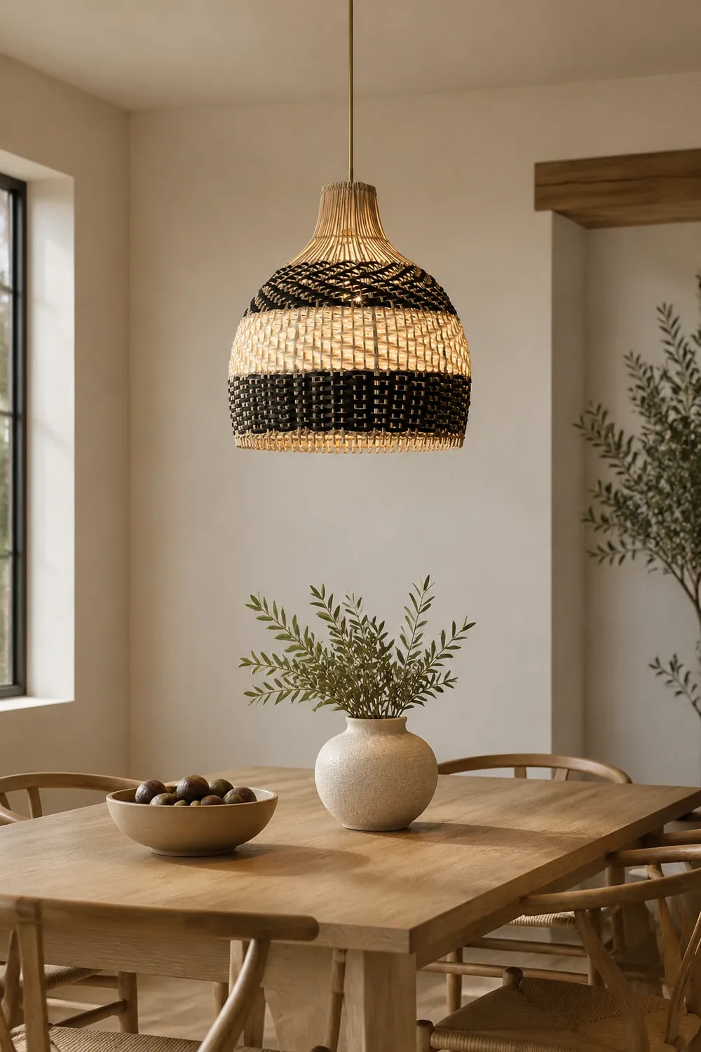 Vintage Rattan Handwoven White and Black Pendant Light - Lumpaz
