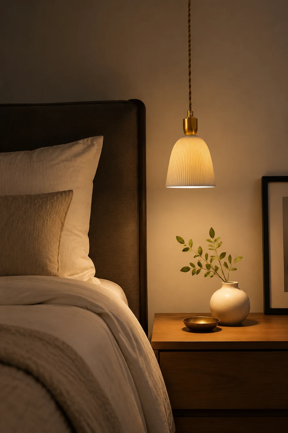 Retro Pleated Ceramic Brass Cocoon Pendant Lamp - Lumpaz