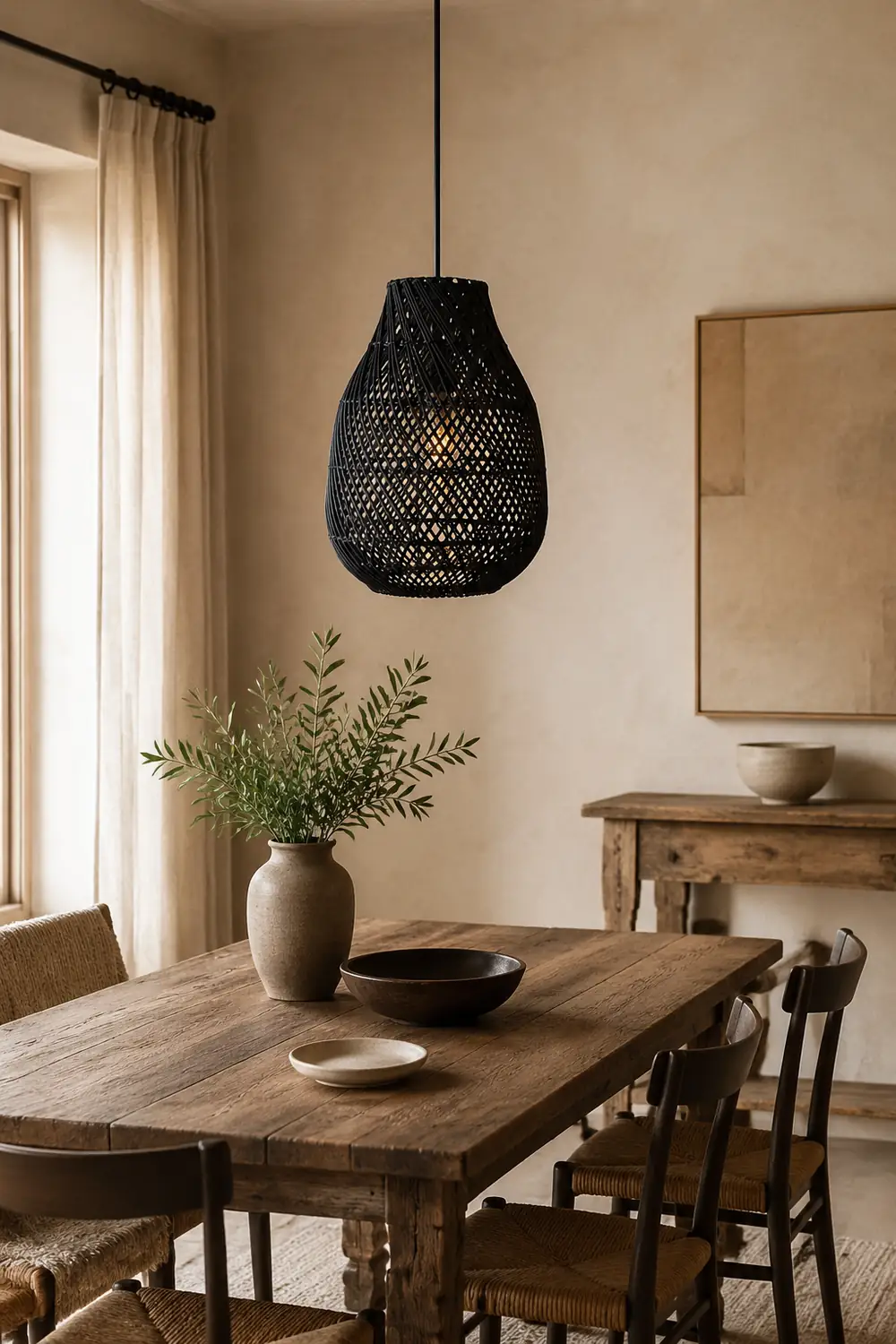 Classic Farmhouse Black Rattan Handwoven Pendant Light - Lumpaz