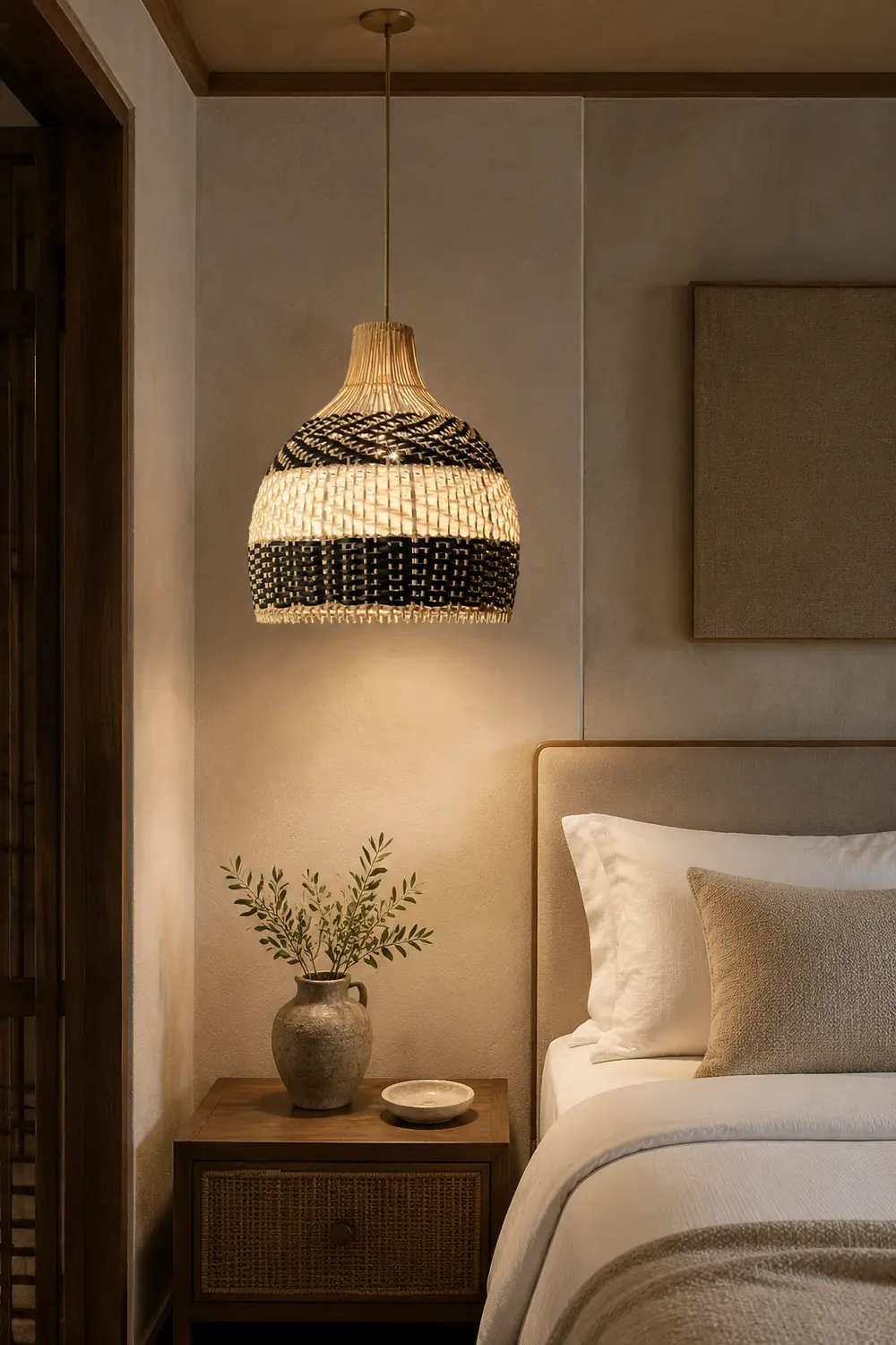 Vintage Rattan Handwoven White and Black Pendant Light - Lumpaz
