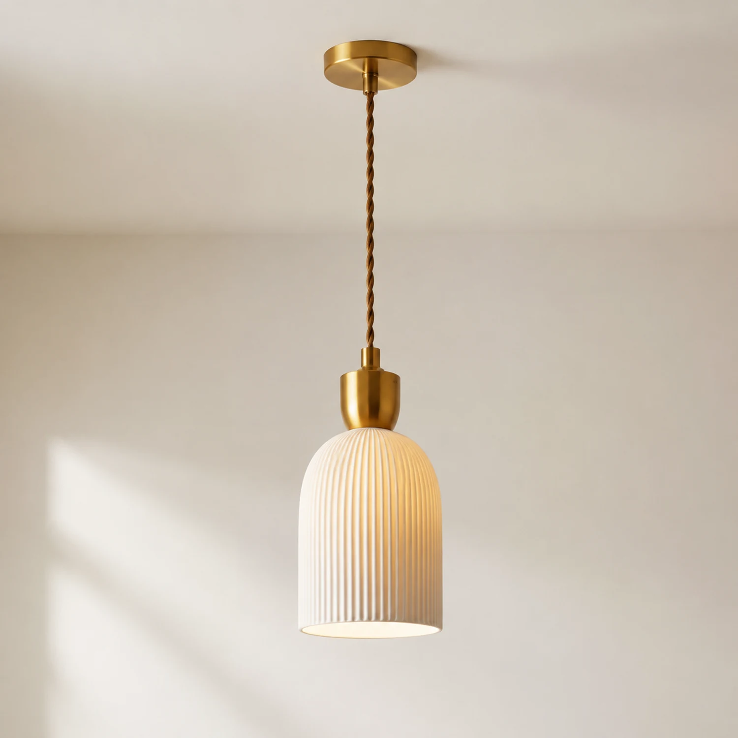 Retro Pleated Ceramic Brass Cocoon Pendant Lamp - Lumpaz
