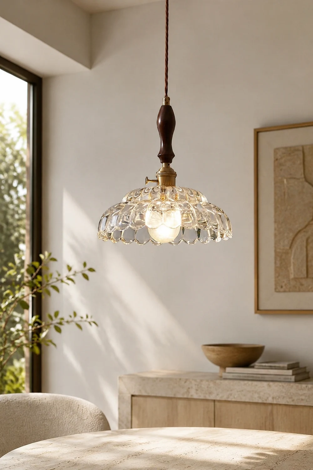 Contemporary Copper Glass Pendant Light with Wooden Handle - Lumpaz