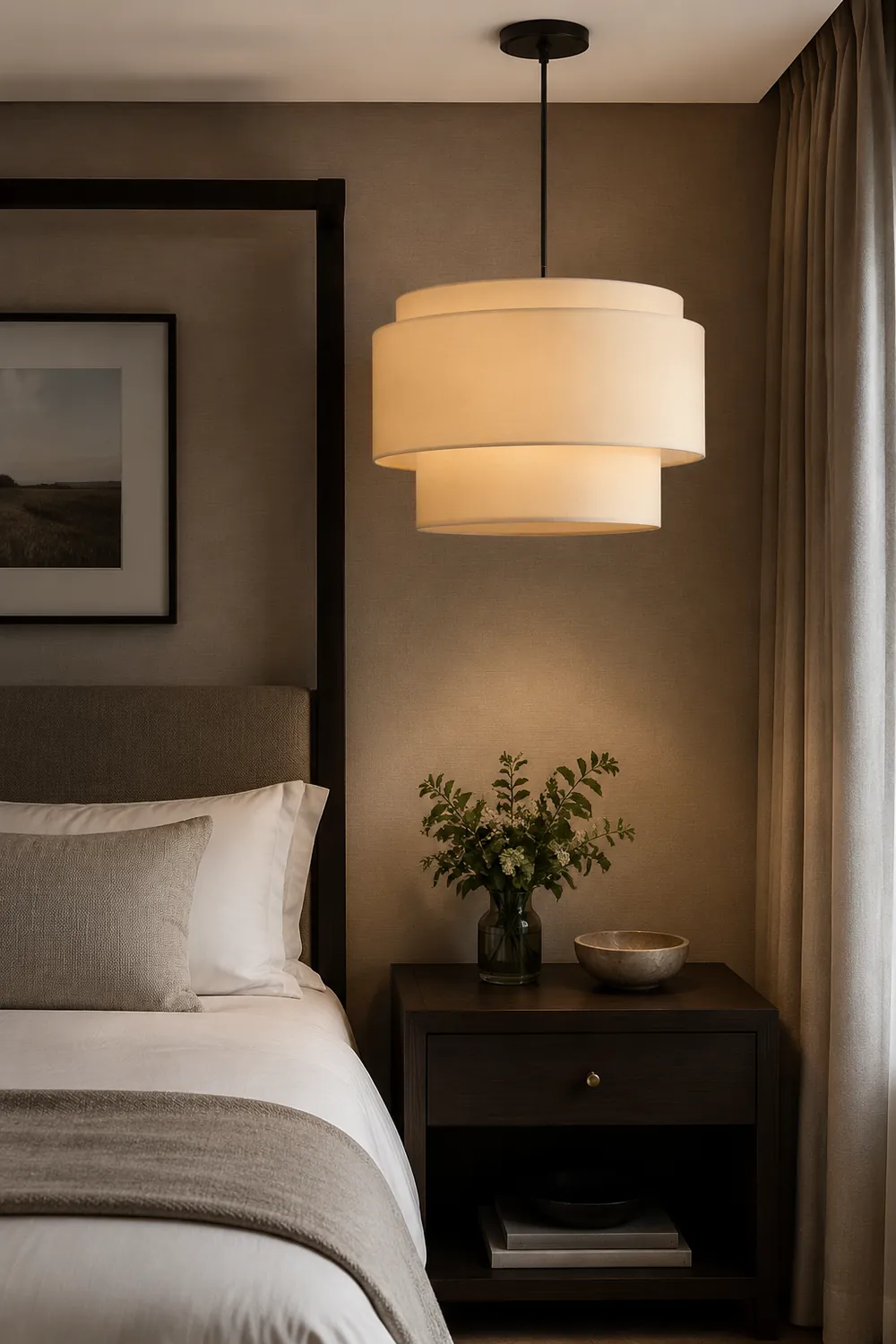 Beige Tiered Linen Drum Pendant Light - Lumpaz