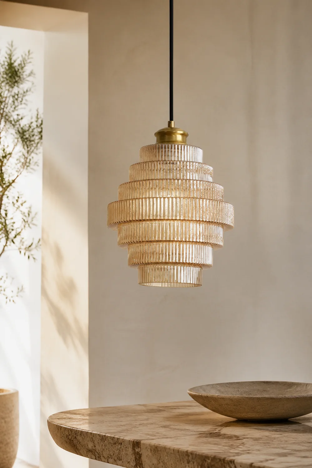 Antique Stripped Glass Brass Pendant Light - Lumpaz