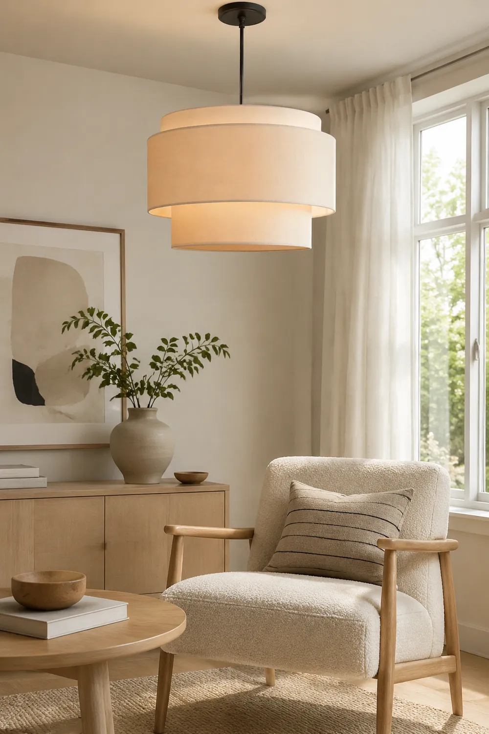 Beige Tiered Linen Drum Pendant Light - Lumpaz