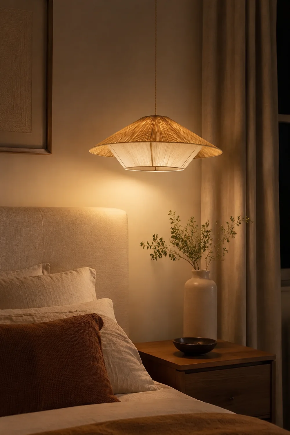 Retro Natural Fabric Hat Boho Pendant Light - Lumpaz