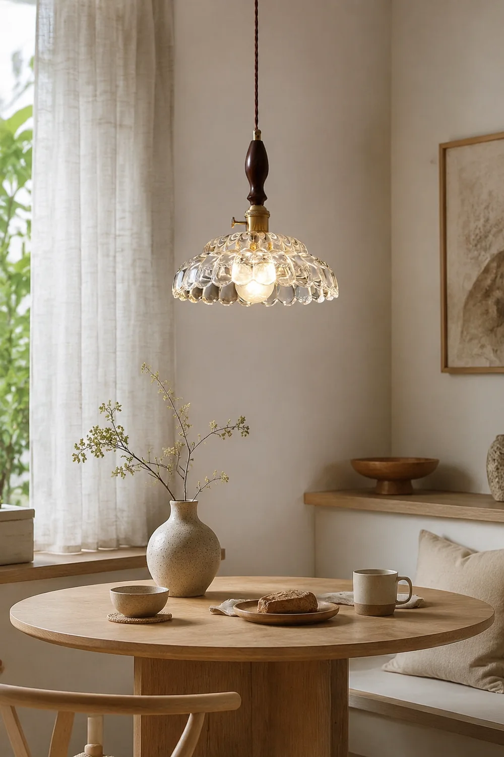 Contemporary Copper Glass Pendant Light with Wooden Handle - Lumpaz