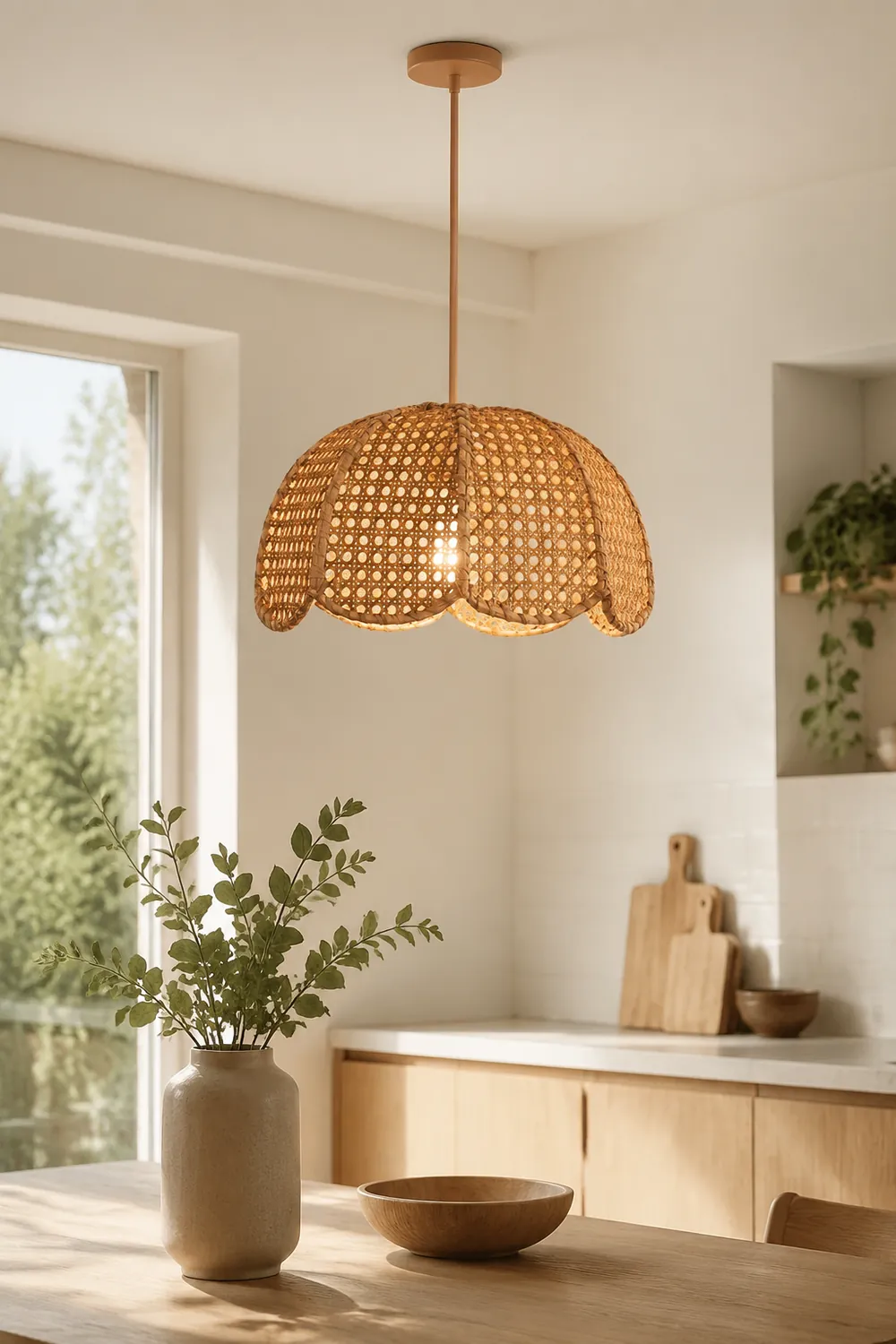 Short Round Rattan Natural Woven Lampshade Pendant Light - Lumpaz