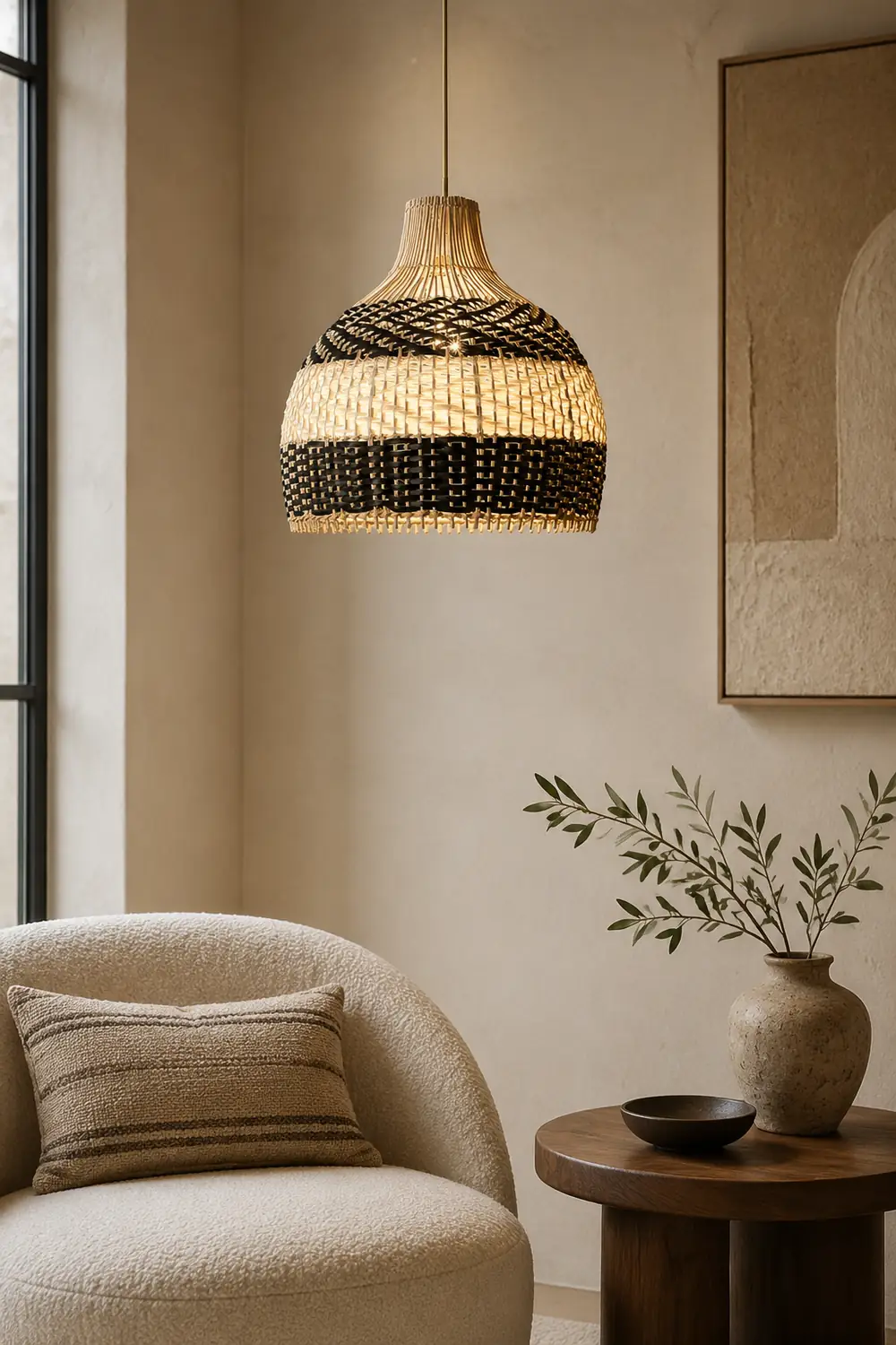 Vintage Rattan Handwoven White and Black Pendant Light - Lumpaz