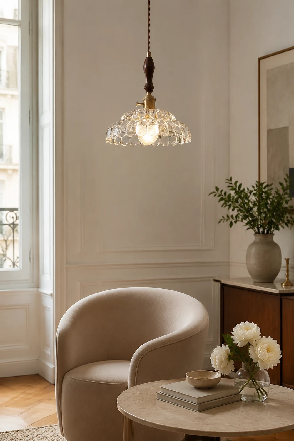 Contemporary Copper Glass Pendant Light with Wooden Handle - Lumpaz