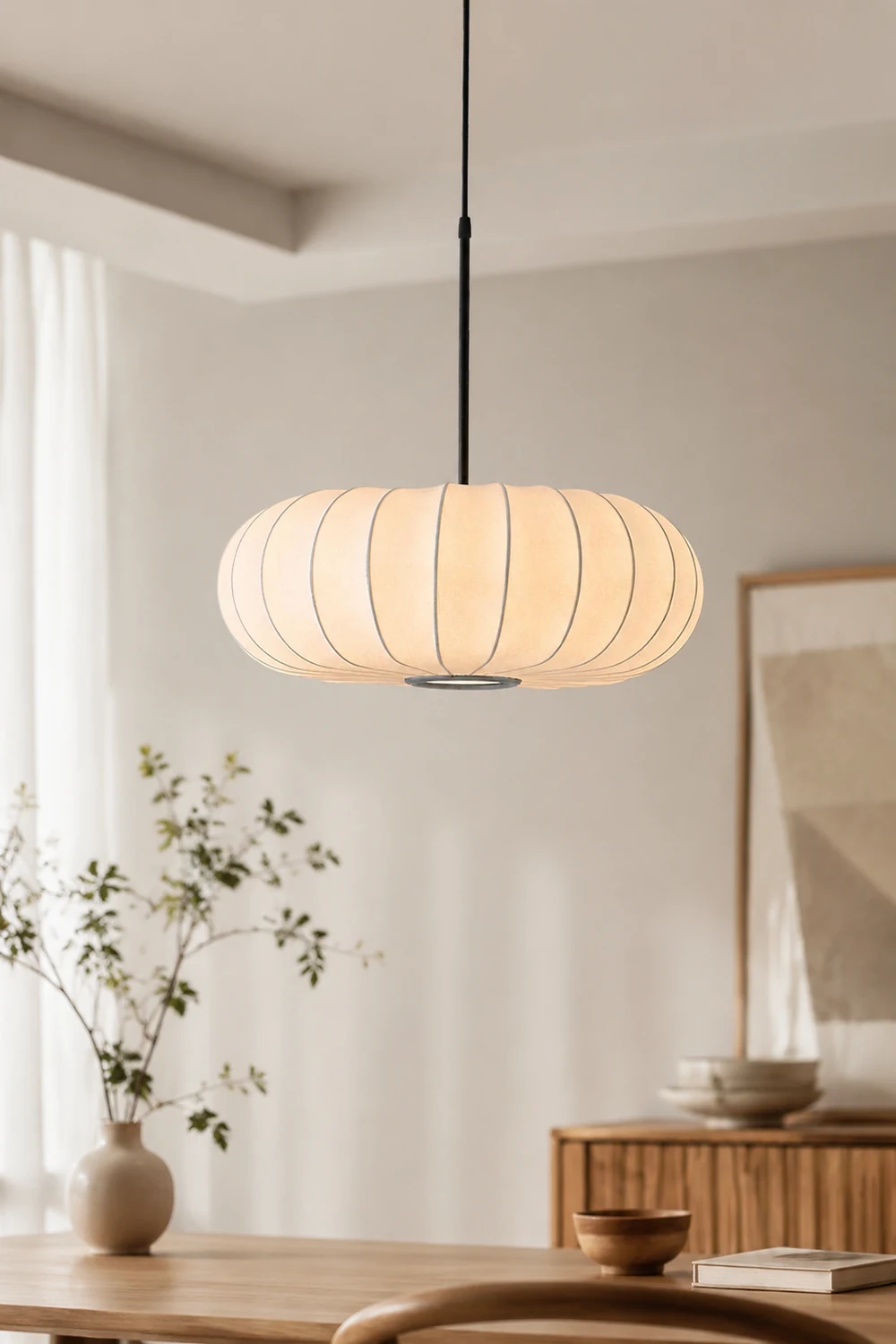 White Fabric Hanging Light Pumpkin Shape Pendant Light - Lumpaz