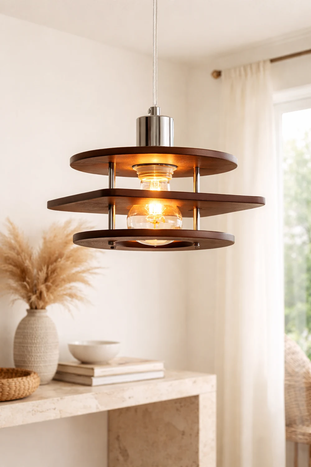 Retro Walnut Indoor Pendant Light For Dining Room - Lumpaz