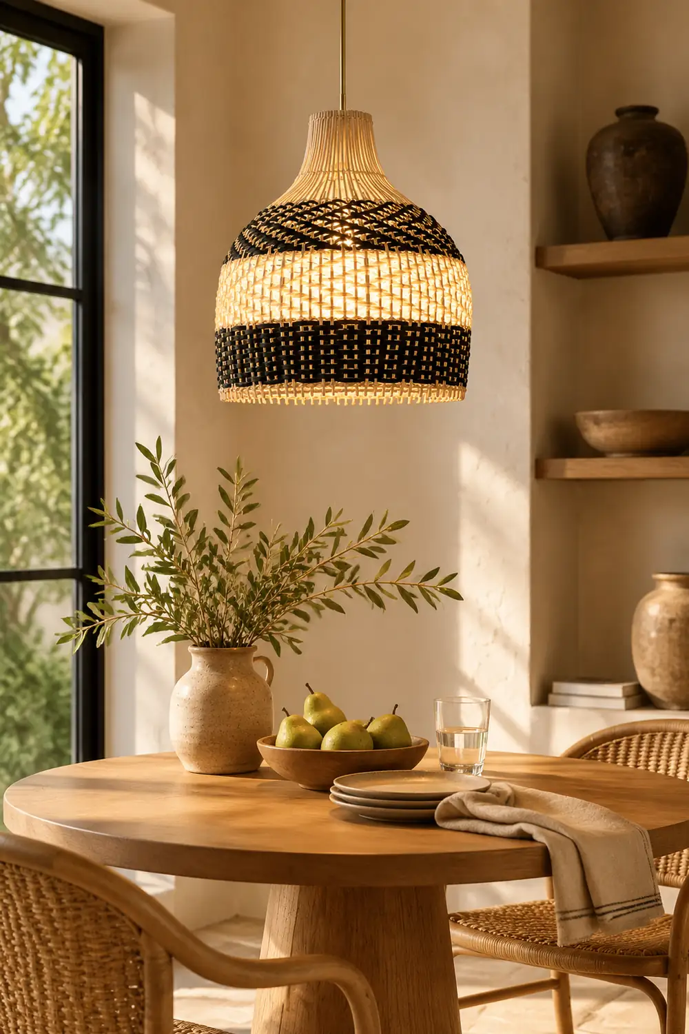 Vintage Rattan Handwoven White and Black Pendant Light - Lumpaz