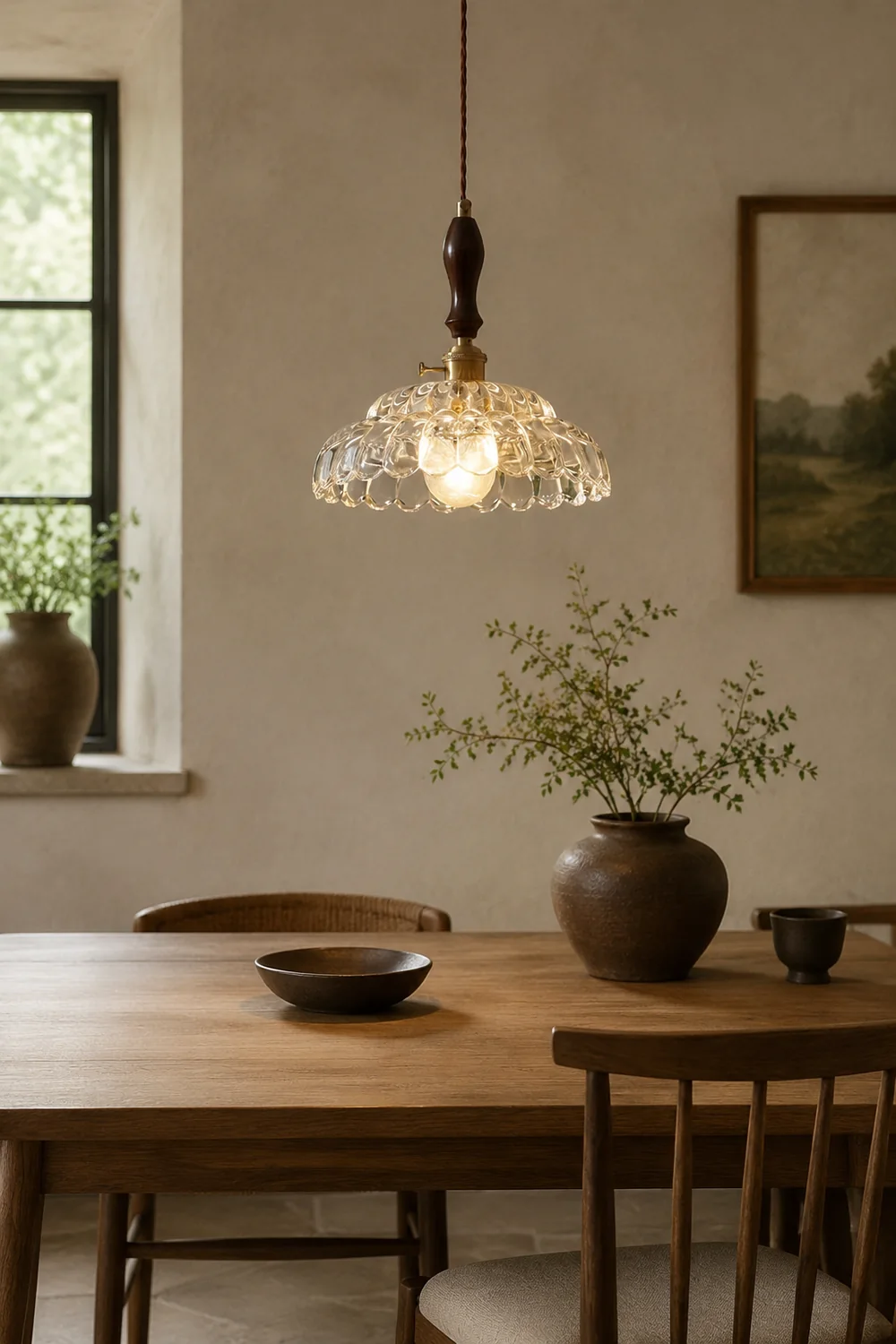 Contemporary Copper Glass Pendant Light with Wooden Handle - Lumpaz