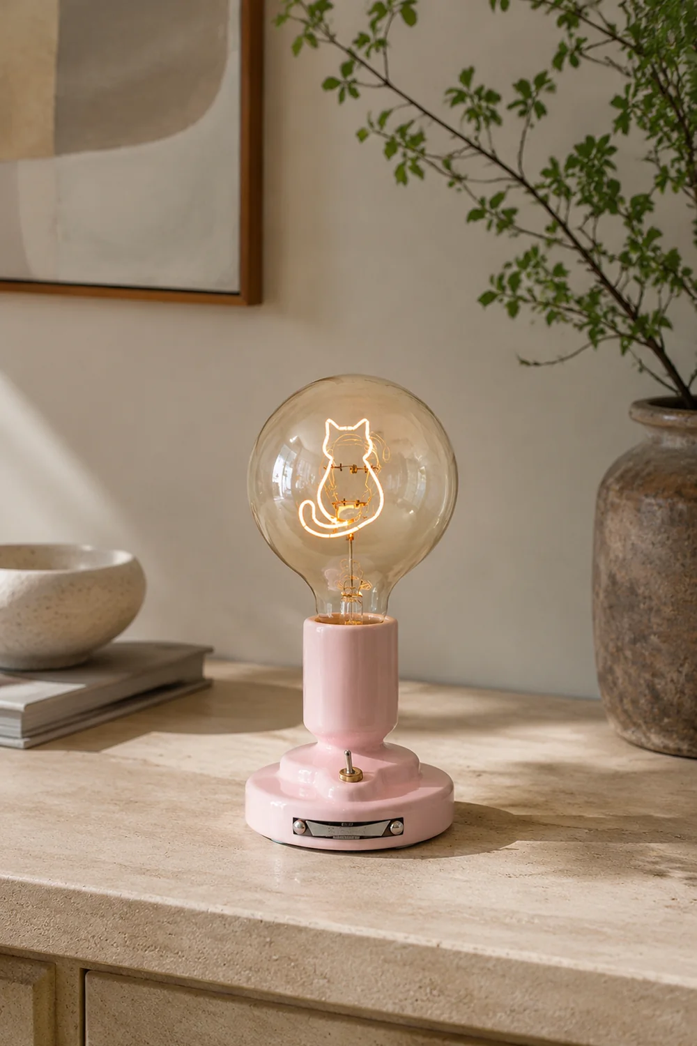Cute Pink & White Cat Pattern Table Lamp - Lumpaz