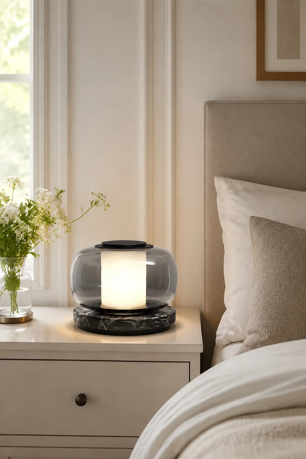 Glass & Marble Table Lamp Bedroom Beside - Lumpaz