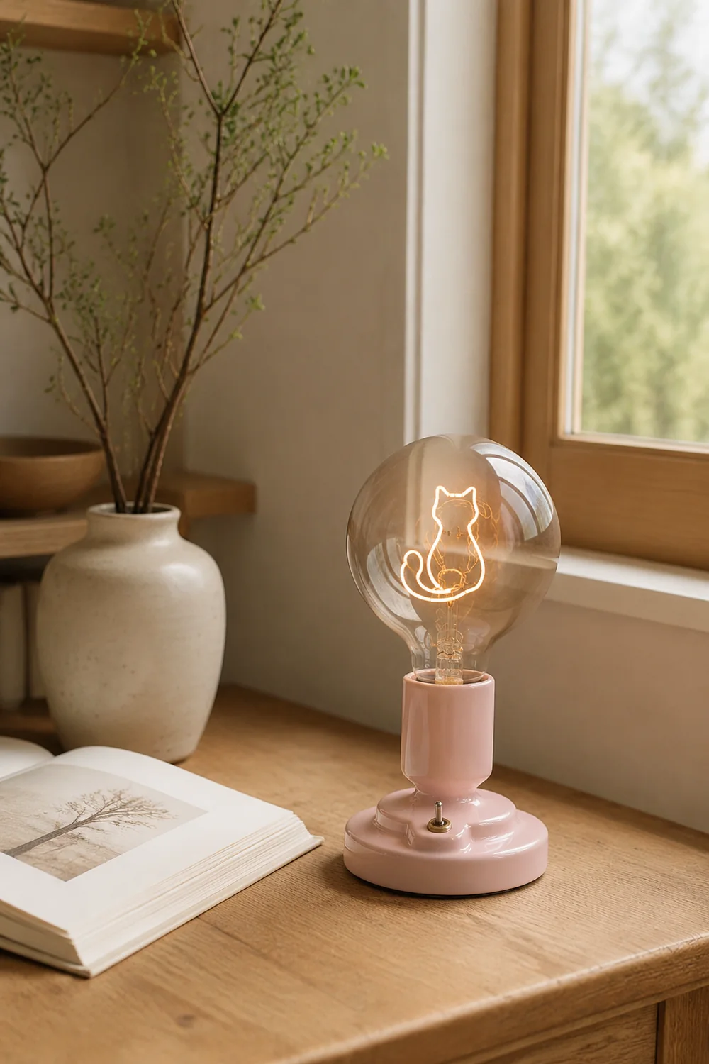 Cute Pink & White Cat Pattern Table Lamp - Lumpaz