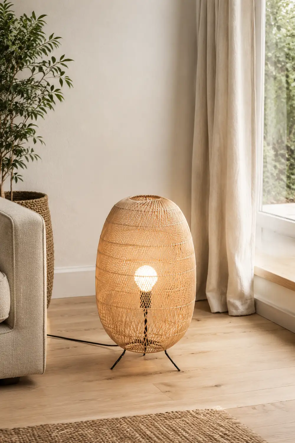 Natural Rattan Midi Floor Lamp for Living Room - Lumpaz