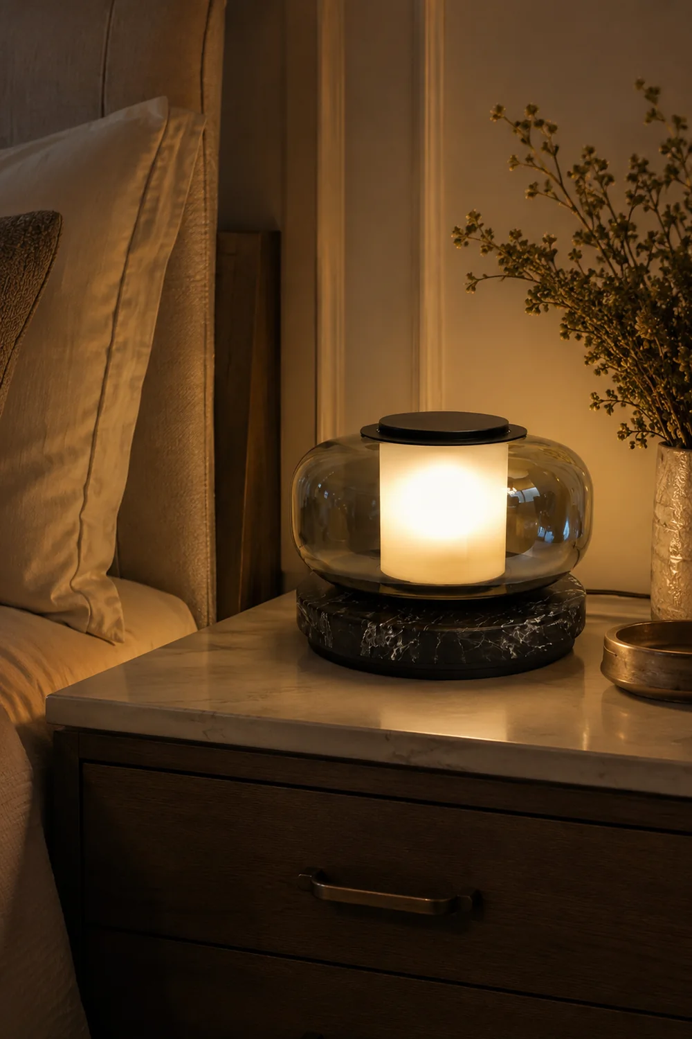 Glass & Marble Table Lamp Bedroom Beside - Lumpaz
