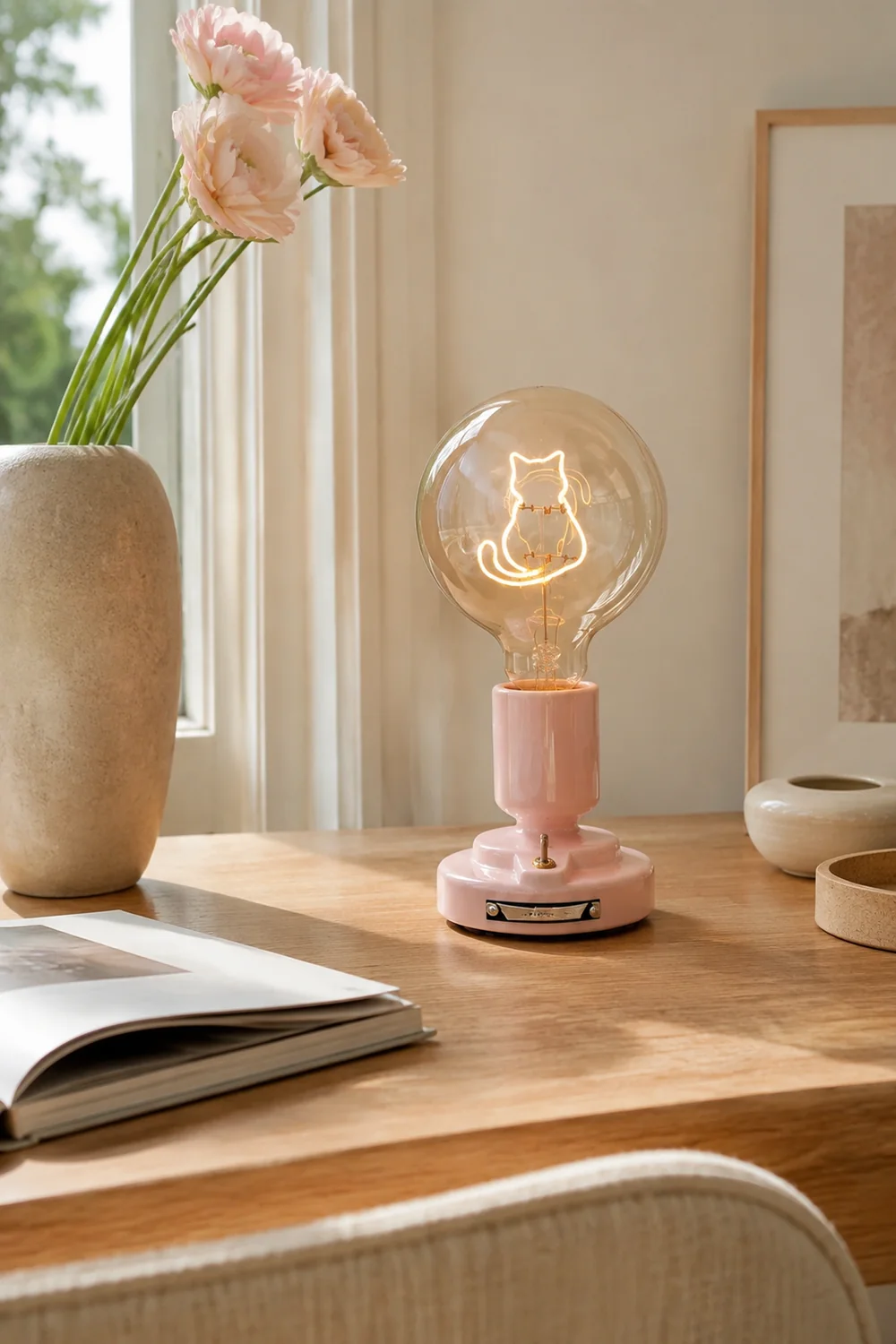 Cute Pink & White Cat Pattern Table Lamp - Lumpaz