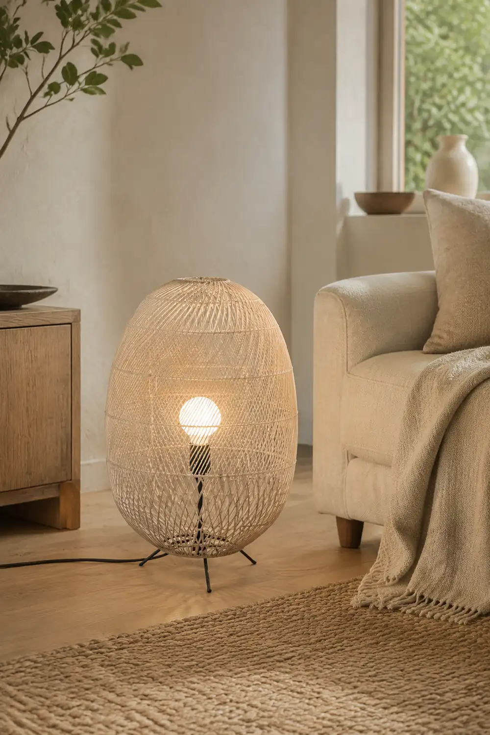 Natural Rattan Midi Floor Lamp for Living Room - Lumpaz