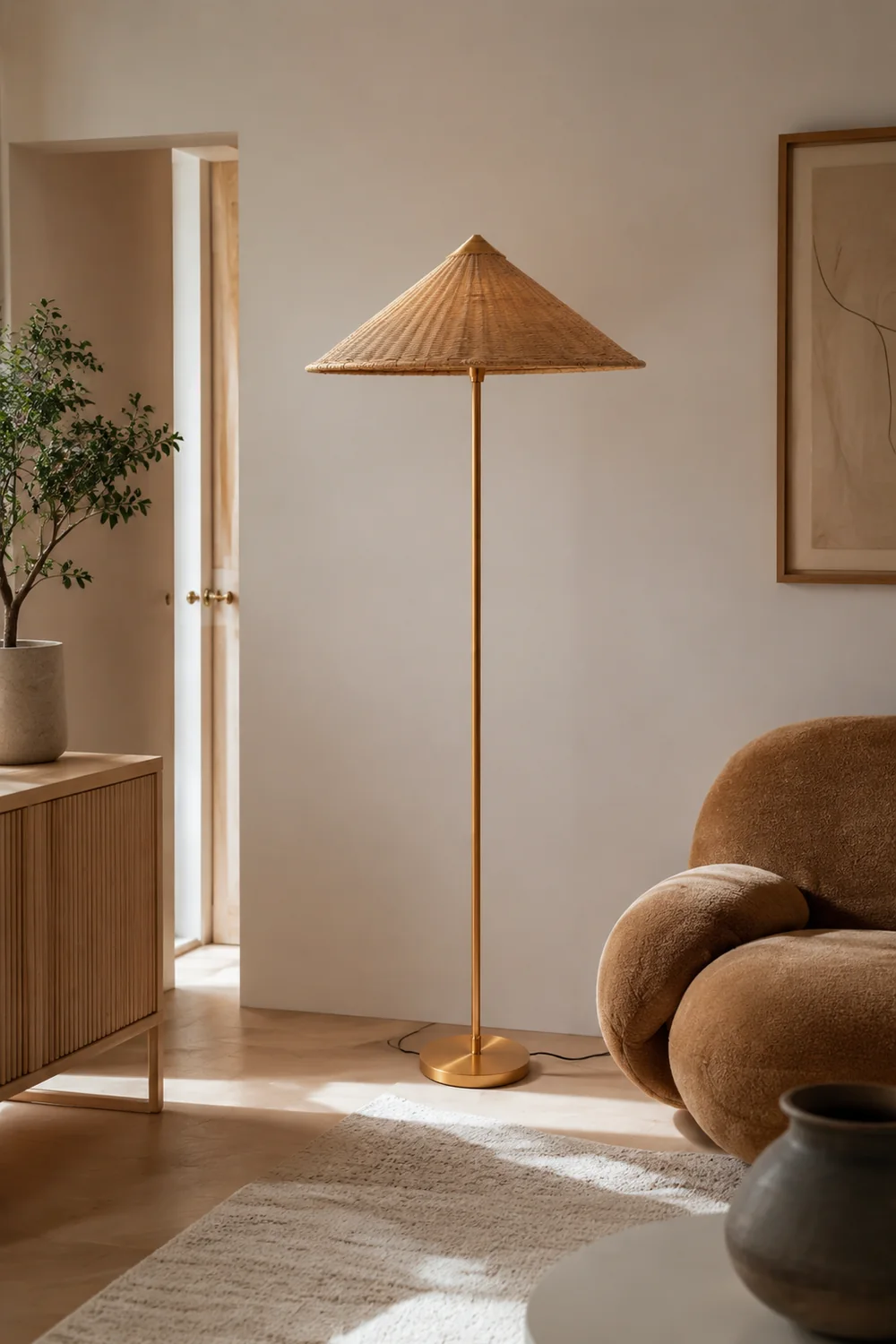 Vintage Rattan Tall Floor lamp For Reading - Lumpaz