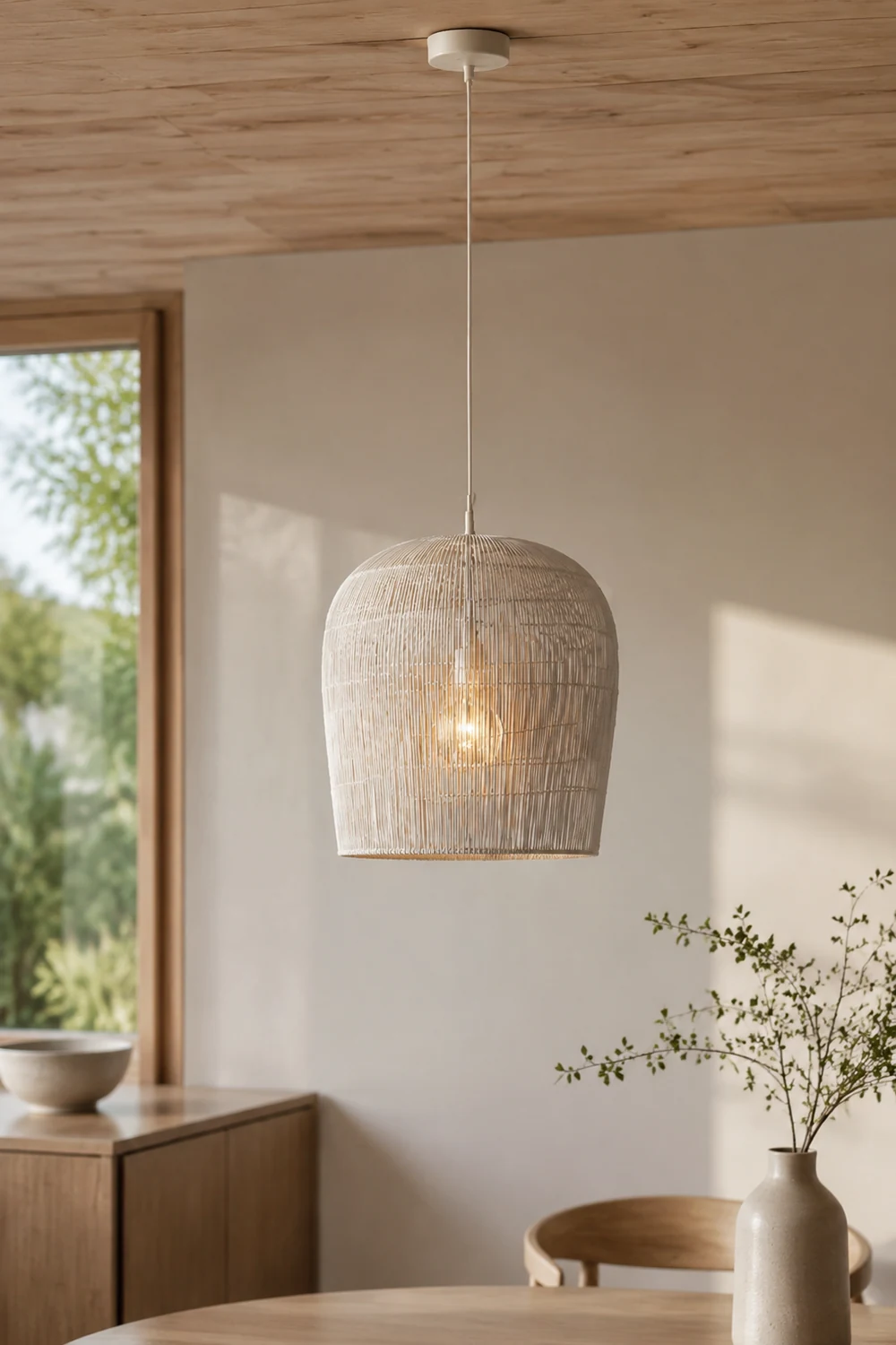 Ritta Weiß & Schwarz Pendelleuchte, Rattan, ∅31/51cm - Lumpaz
