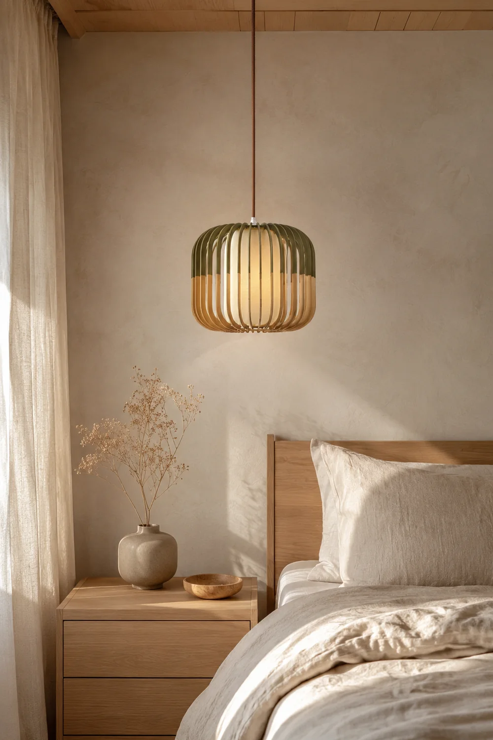 Ozawa Pendelleuchte 3 Farbtemperaturen schaltbar, Holz & Stoff, ∅20/30/40cm - Lumpaz