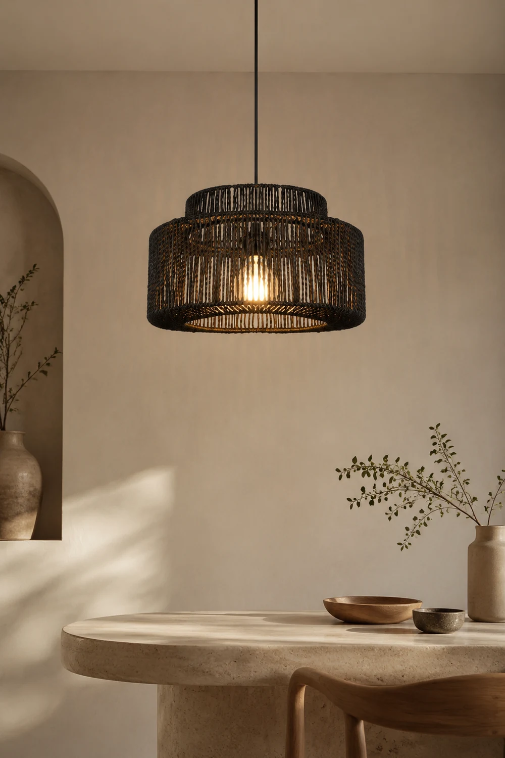 Muto Schwarz Pendelleuchte, Rattan, 2 Stil - Lumpaz