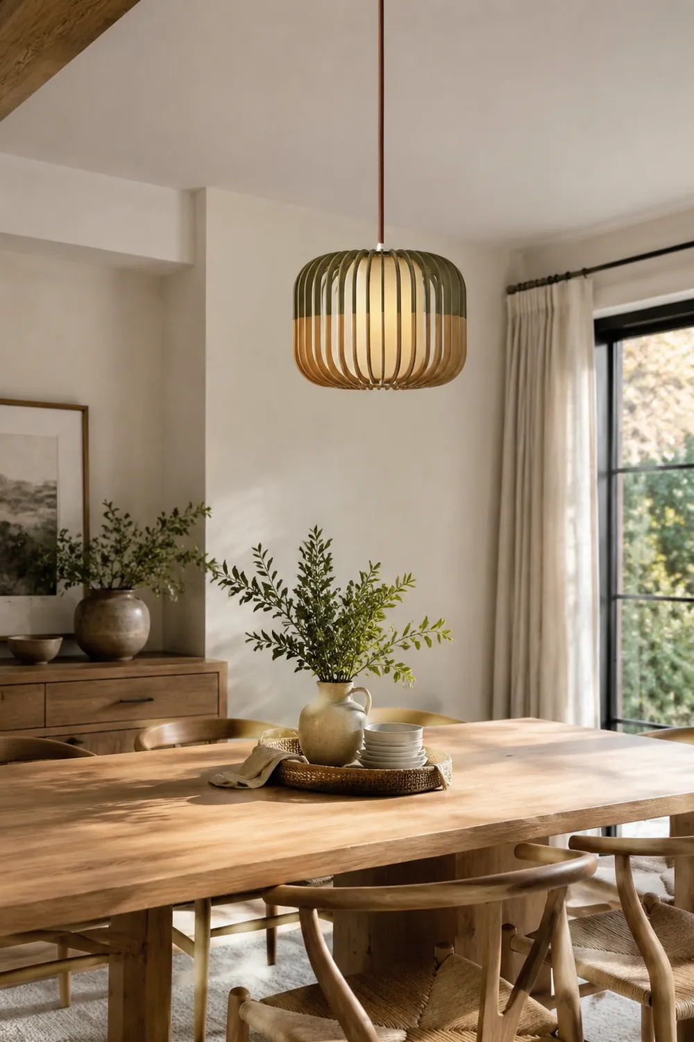 Ozawa Pendelleuchte 3 Farbtemperaturen schaltbar, Holz & Stoff, ∅20/30/40cm - Lumpaz