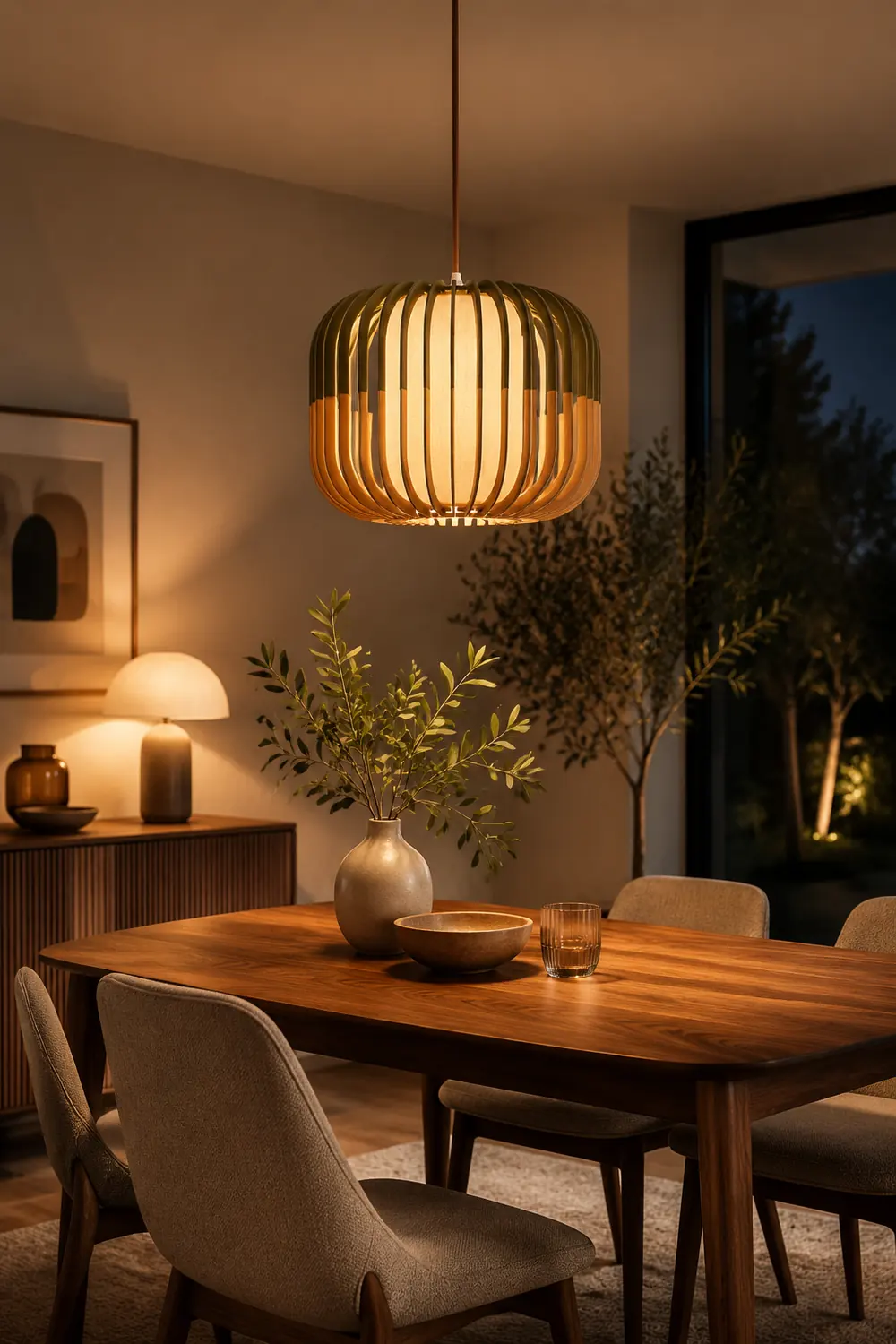 Ozawa Pendelleuchte 3 Farbtemperaturen schaltbar, Holz & Stoff, ∅20/30/40cm - Lumpaz